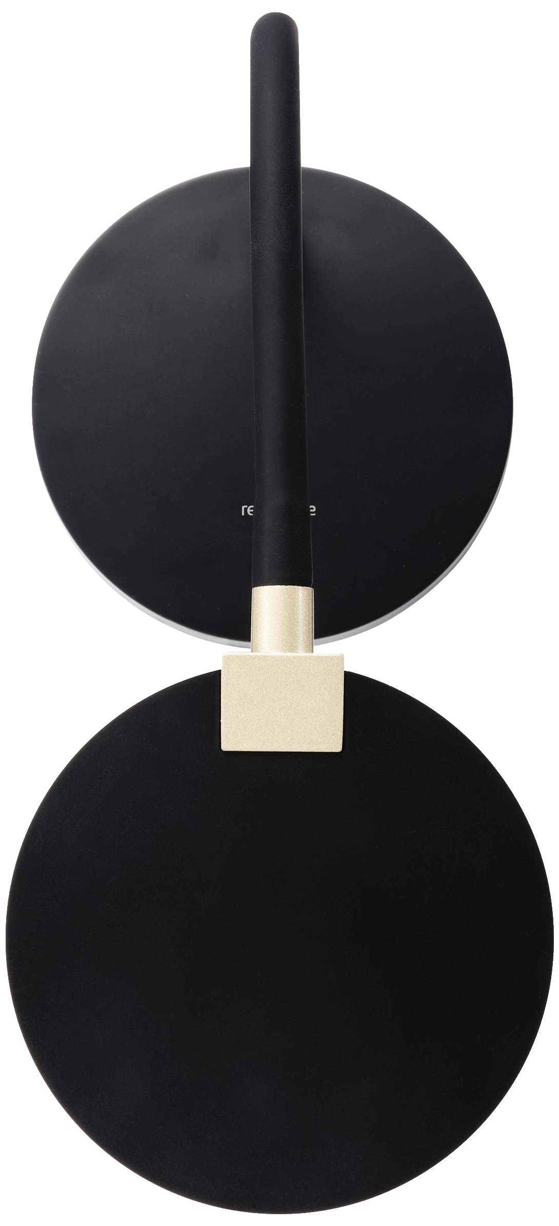 Una lampada da parete nera con due dischi rotondi e un elemento di connessione rettangolare dorato al centro.