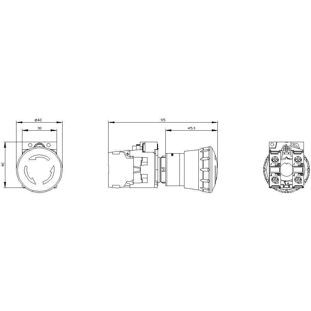 Disegno di un interruttore con 3 viste: vista frontale, vista laterale e vista posteriore con dimensioni e dettagli dei connettori.