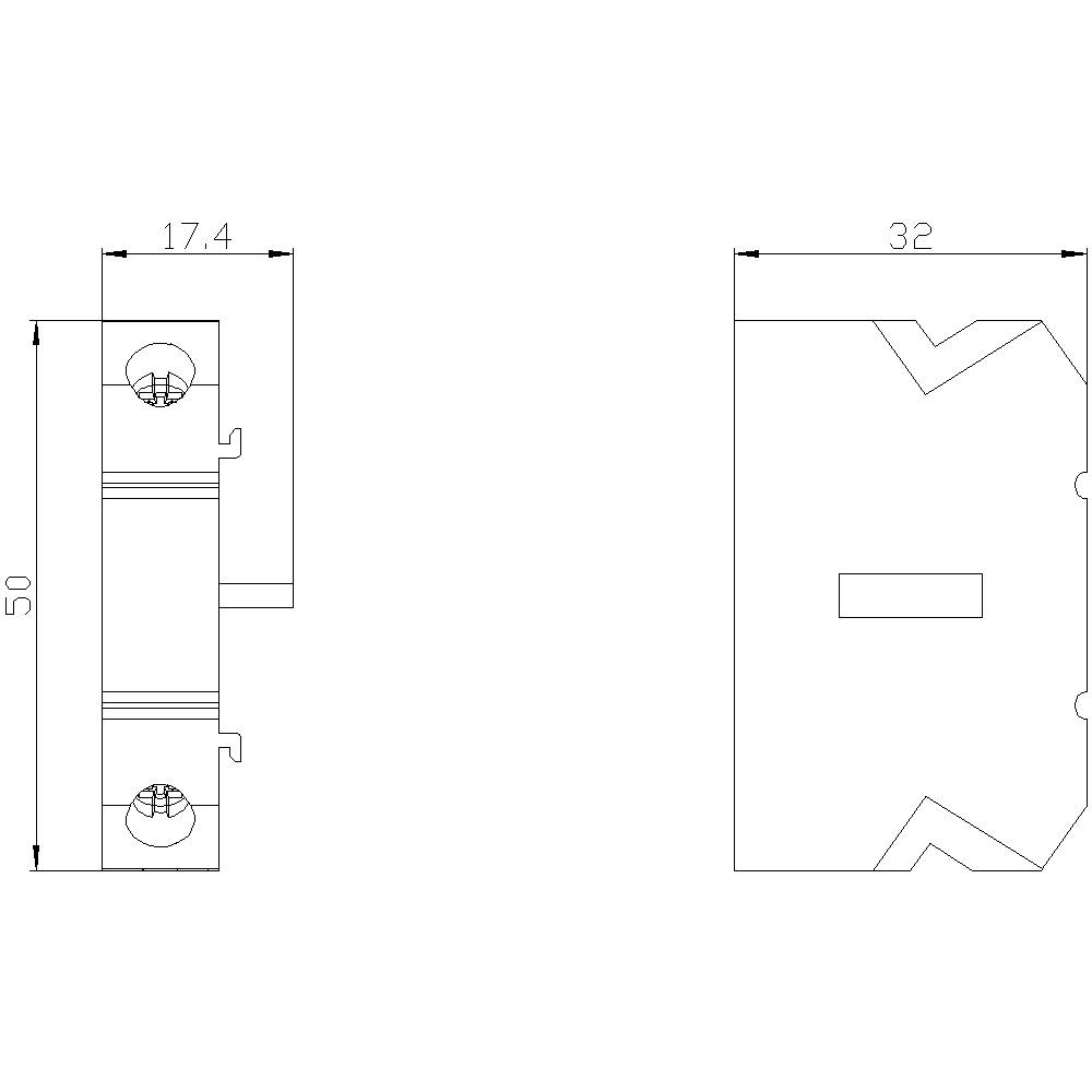 Disegno tecnico di un supporto rettangolare con dimensioni: 50 x 17,4 x 32 mm. Punti di fissaggio con viti mostrati sul lato sinistro.