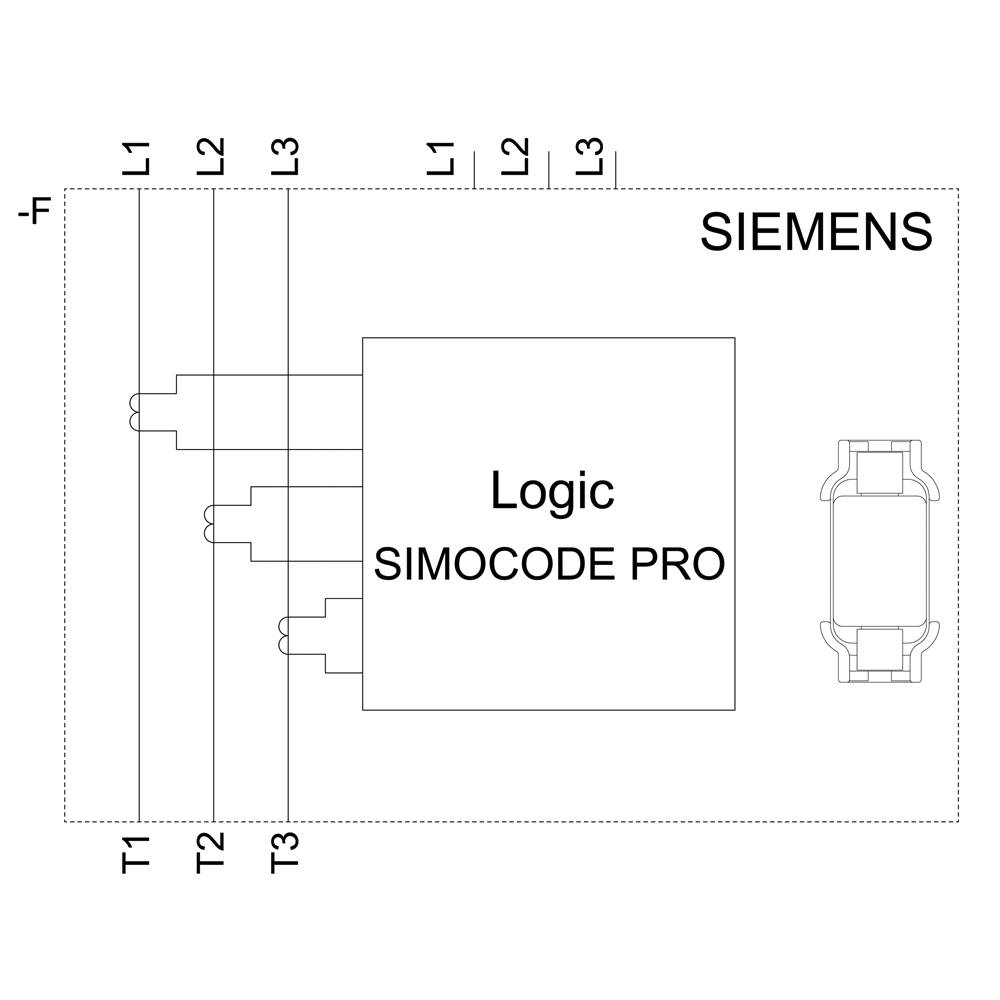 Schema elettrico del SIMOCODE PRO Siemens: Sono mostrati i collegamenti di L1, L2, L3 verso T1, T2, T3 e un fusibile '-F' in alto a sinistra.