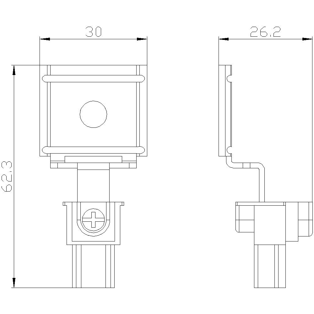 Disegno tecnico di una valvola, con vista laterale e frontale. Dimensioni: altezza 62,3 mm, larghezza 30 mm, profondità 26,2 mm.