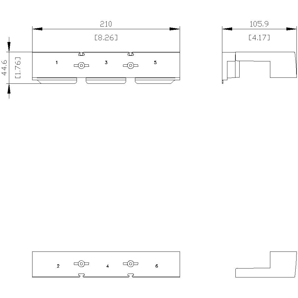 Disegno tecnico di un componente con dimensioni: larghezza 210 mm, profondità 105,9 mm, altezza 47,6 mm. Rappresentazione della vista frontale e laterale.