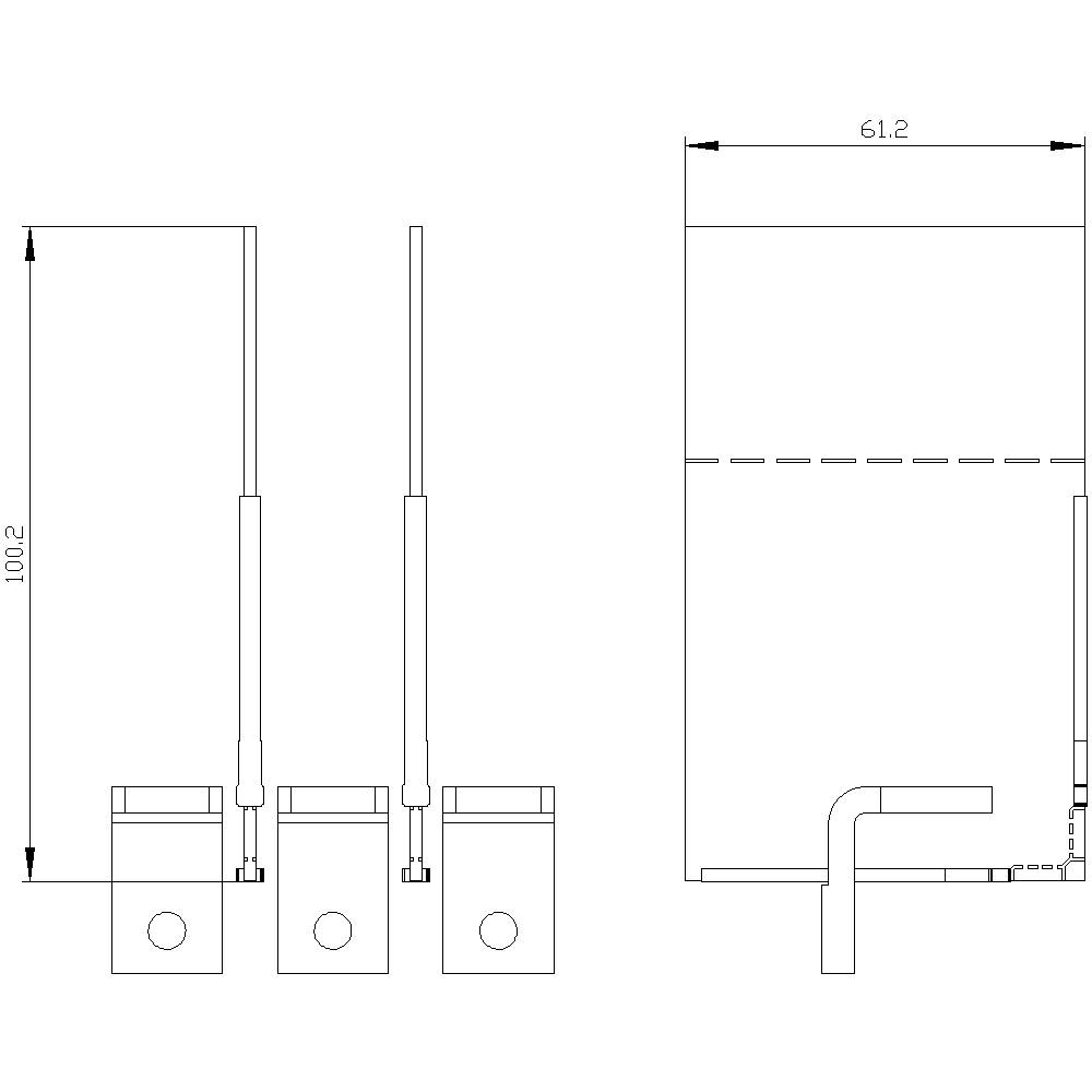Disegno tecnico di un'installazione a parete con dimensioni: altezza totale 100,2 cm, larghezza 61,2 cm, mostra tre pannelli verticali e la posizione della maniglia di destra.