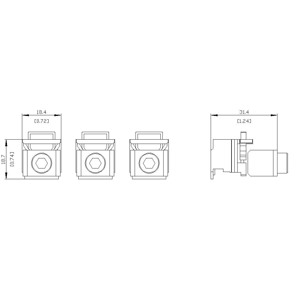 Disegno tecnico di tre viste laterali di un componente meccanico. Dimensioni: larghezza 18,4 mm, profondità 31,4 mm, altezza 10,7 mm.
