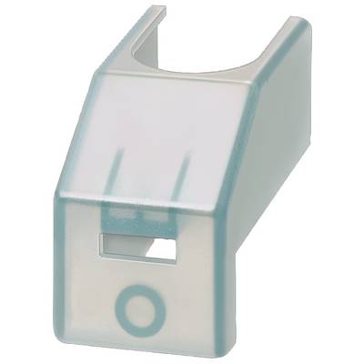 Copertura trasparente in plastica con apertura rettangolare e marcatura circolare sul lato anteriore, rappresentata in prospettiva.