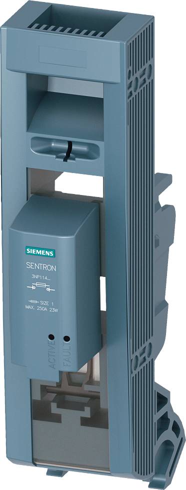 Un interruttore automatico Siemens Sentron blu. Involucro rettangolare, orientato verticalmente, con impugnatura visibile e logo ben evidenziato.