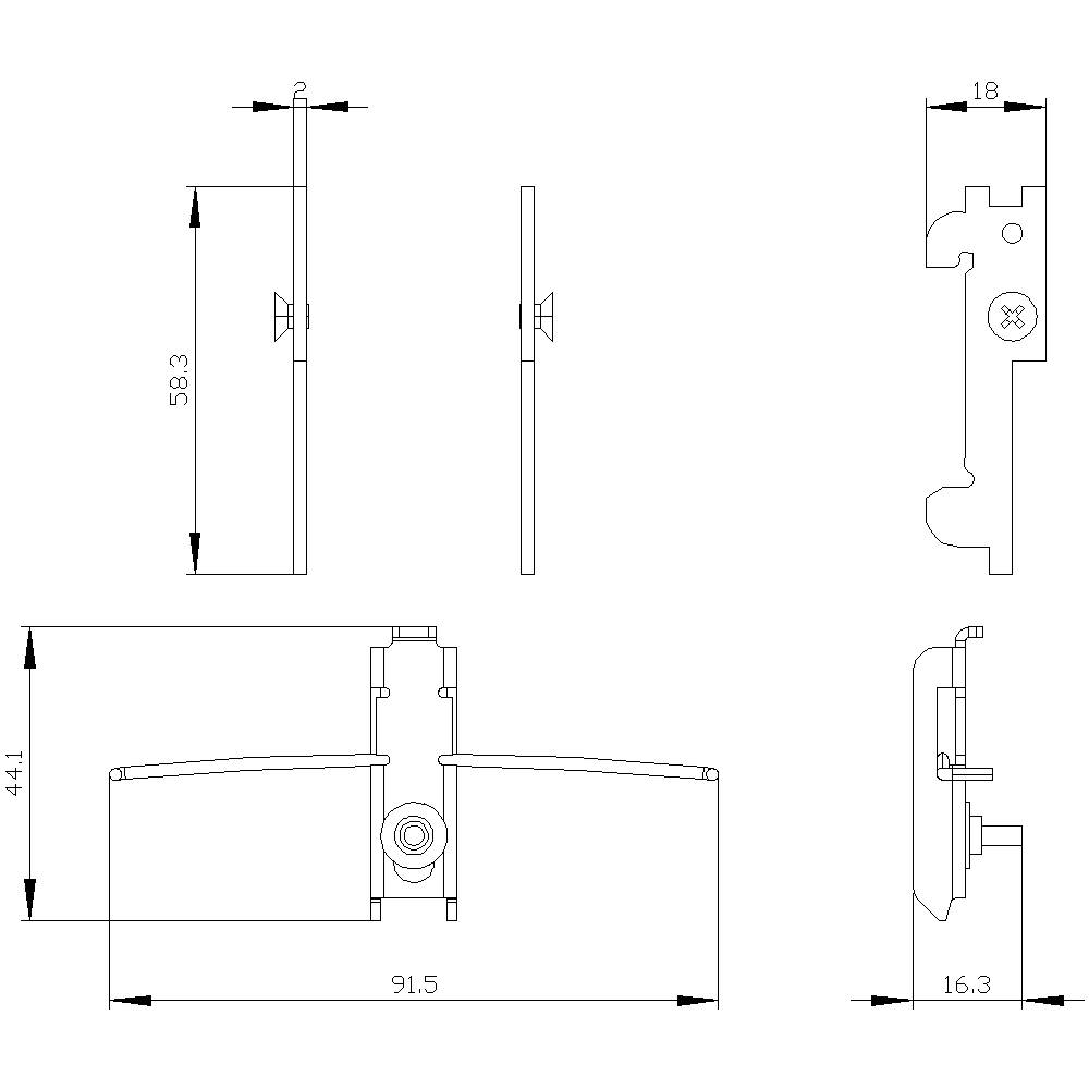 Disegno tecnico di un accessorio metallico con dimensioni: altezza 58,3 mm, larghezza 91,5 mm. Mostrate vista laterale e vista frontale.