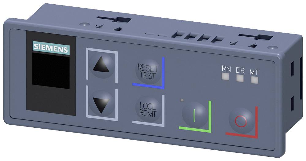Un dispositivo di controllo elettrico Siemens con pulsanti e interruttori per il controllo e il monitoraggio delle funzioni del dispositivo.