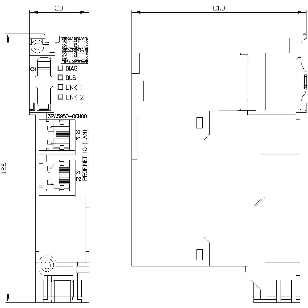 Disegno tecnico di un dispositivo elettronico con dimensioni specifiche: larghezza 28 mm, altezza 126 mm, profondità 81,8 mm.