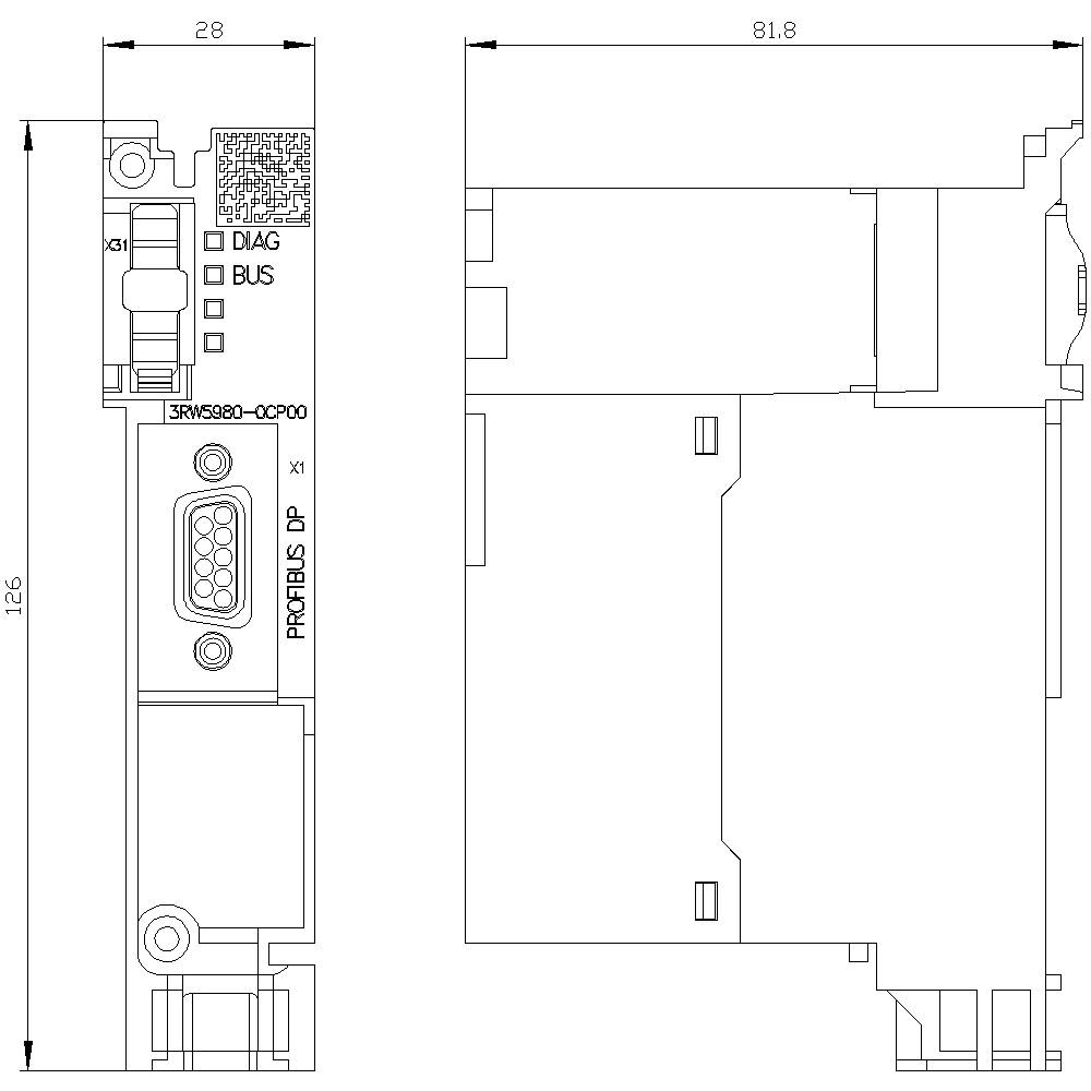 Disegno di un componente modulare con dimensioni 126 x 81,8 mm. Mostra un collegamento e le etichette '3RW5980-0CP00', 'PROFIBUS DP'.