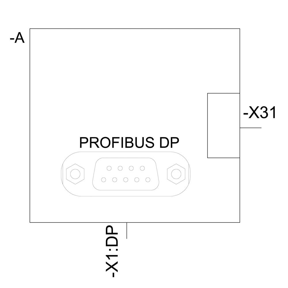 Connettore 'PROFIBUS DP' al centro di un'area rettangolare. In alto a sinistra '-A', a destra '-X31', in basso '-X1:DP'.