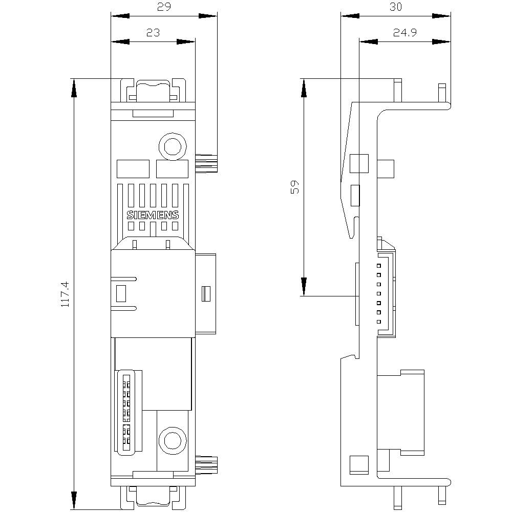 Disegno tecnico di un dispositivo rettangolare con quote: altezza 117,4 mm, larghezza 29/30 mm, profondità 59 mm, vista laterale a 24,9 mm.