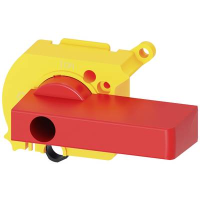 Interruttore industriale rosso e giallo in posizione 'On'. La leva è rivolta a destra, adatto per circuiti di sicurezza.