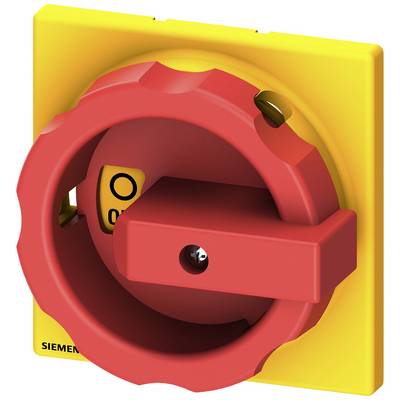 Interruttore principale rosso con sfondo giallo. L'interruttore può essere ruotato ed è parte di un dispositivo Siemens per il controllo elettrico.