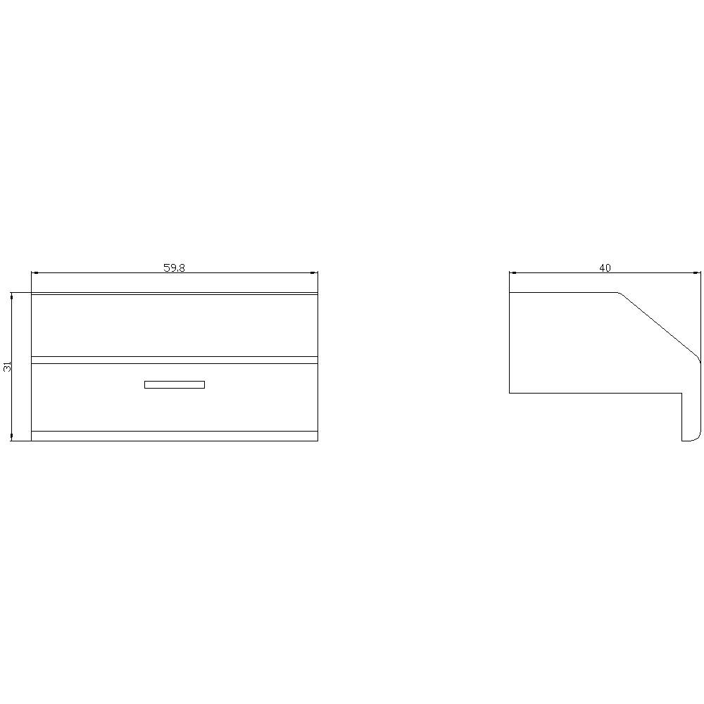 Disegno tecnico di un piano di lavoro da cucina e vista frontale di un armadio con dimensioni: larghezza 59,8 cm, altezza 25 cm.