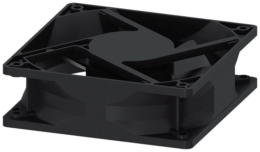 Un ventilatore nero per computer a forma quadrata, con un asse centrale e pale del ventilatore, utilizzato per raffreddare dispositivi elettronici.