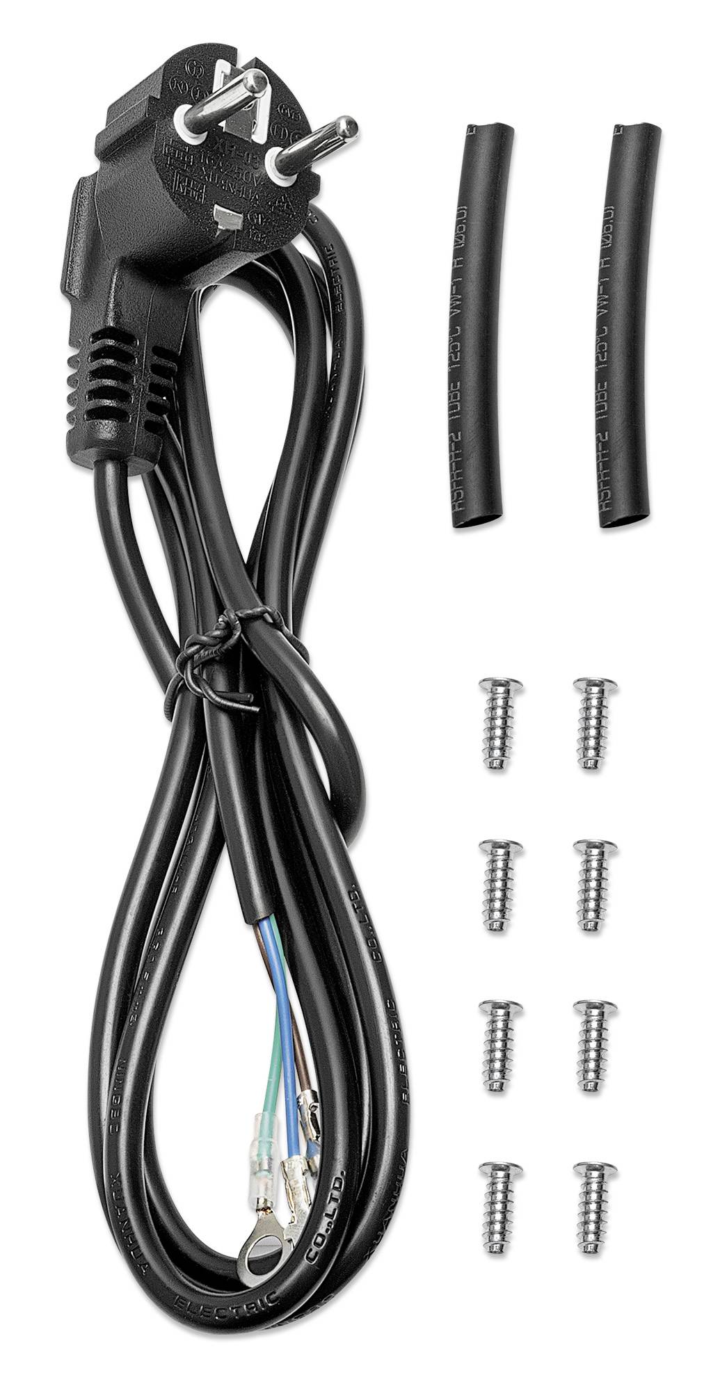 Cavo elettrico nero con estremità aperta, due guaine isolanti e otto viti raffigurati su sfondo bianco.