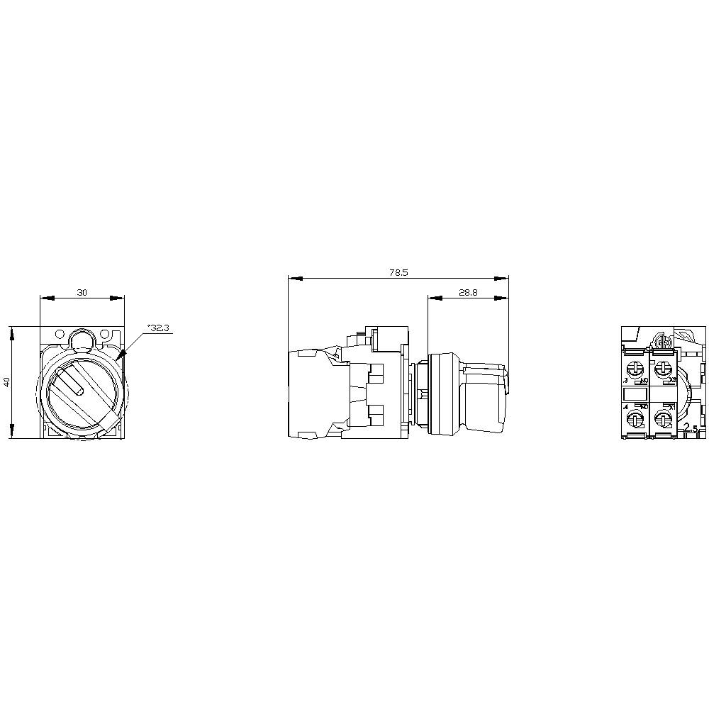 Disegno tecnico di un interruttore con vista frontale a sinistra, vista laterale al centro e vista posteriore a destra. Misure in millimetri.