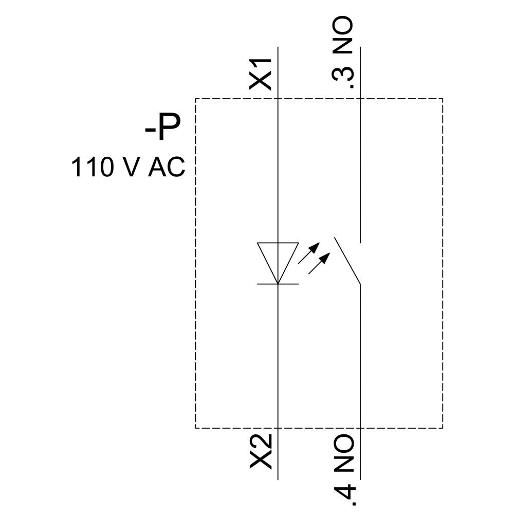 Schema di collegamento di un relè: A 110 V AC, il contatto 3 NO si chiude con indicatore LED. Connessioni a X1 e X2.