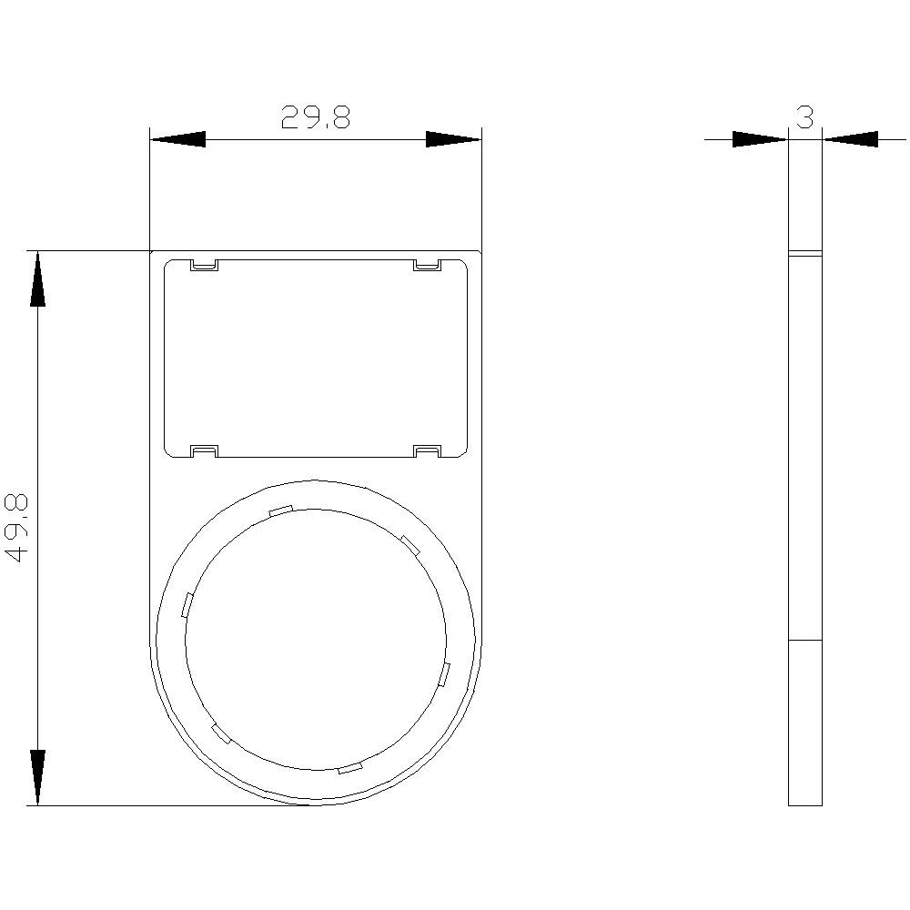 Disegno tecnico di un oggetto rettangolare con un elemento circolare sotto di esso. Misure: larghezza 29,8 mm, altezza 49,8 mm, spessore 3 mm.