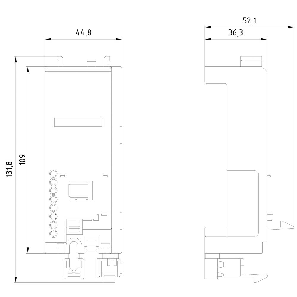 Disegno tecnico di un componente rettangolare con dimensioni in millimetri: larghezza 44,8, altezza 109, profondità 131,8. La vista laterale mostra le quote 36,3 e 52,1.