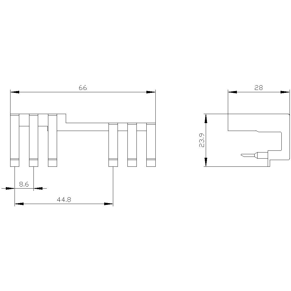Disegno tecnico di un connettore elettronico con indicazioni dimensionali: lunghezza 66 mm, larghezza 28 mm, altezza 23,9 mm.