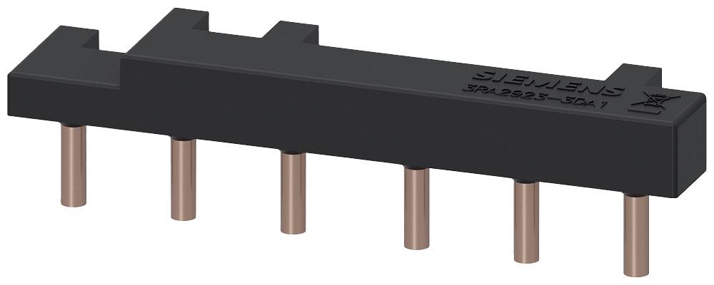 Un connettore di barra collettrice a cinque poli con corpo nero e contatti in rame, contrassegnato come 'Siemens 5PH-9953-S01'.