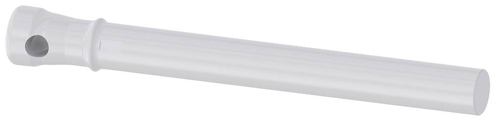 Un adattatore tubolare lungo, cilindrico, bianco in plastica con sezione circolare e foro laterale.
