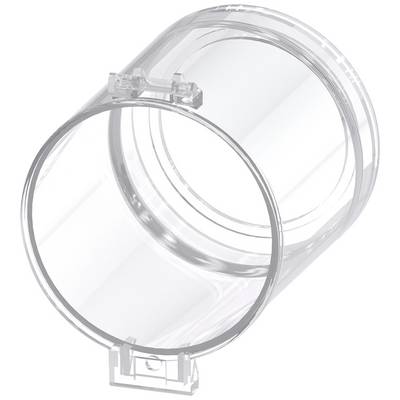 Contenitore trasparente, cilindrico e chiaro in plastica, dotato di coperchio e cerniere, probabilmente utilizzato per lo stoccaggio o l'esposizione.