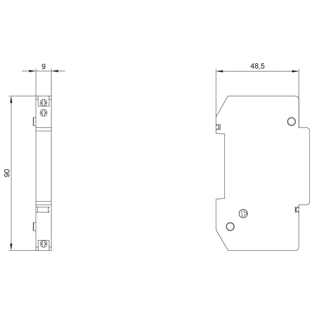 Disegno tecnico di un componente elettrico con dimensioni: larghezza 9 mm, altezza 90 mm, profondità 48,5 mm. Vista laterale e frontale.