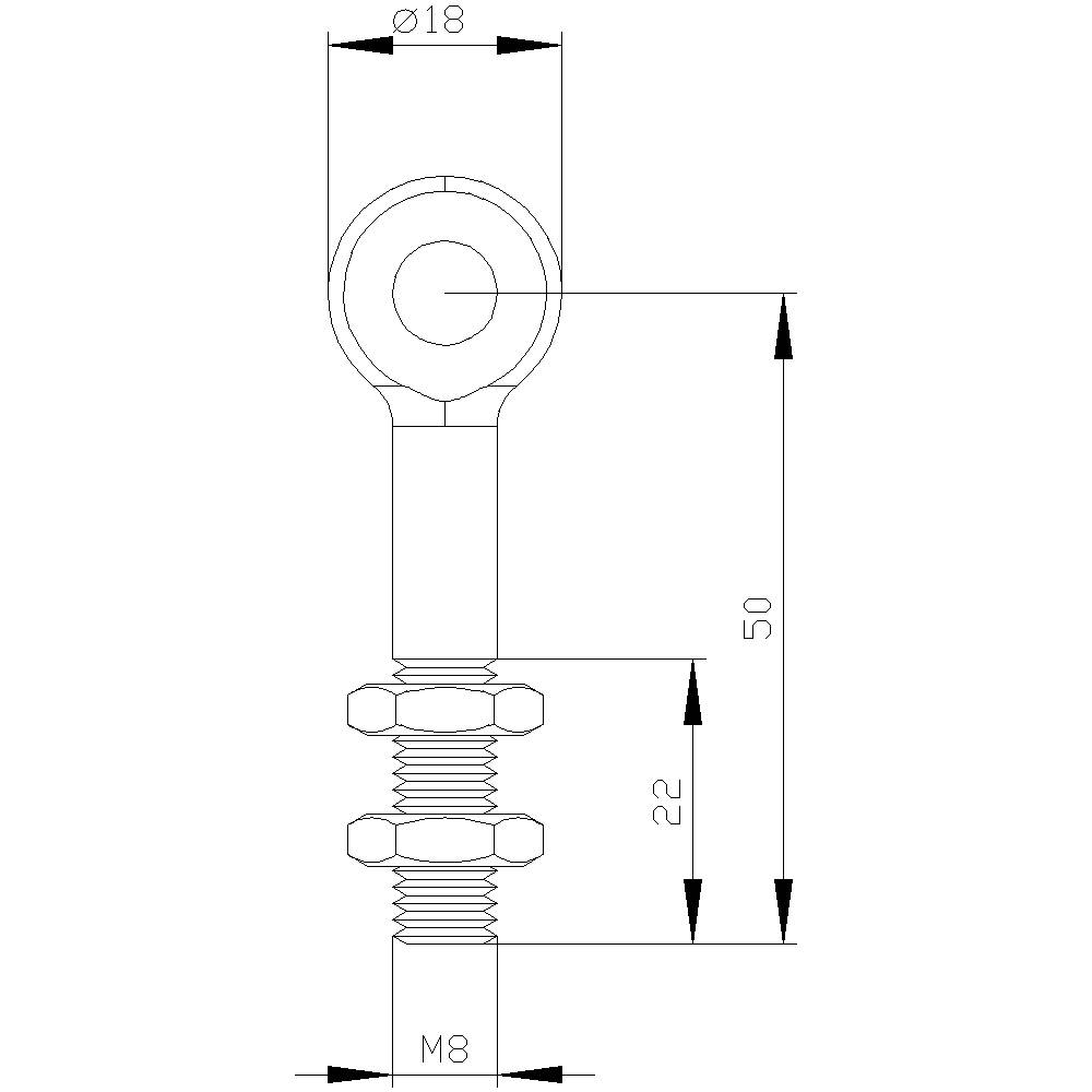 'Disegno tecnico di una vite a occhiello. Diametro superiore: 18 mm; Lunghezza totale: 50 mm; Lunghezza del gambo: 22 mm; Filettatura: M8.'