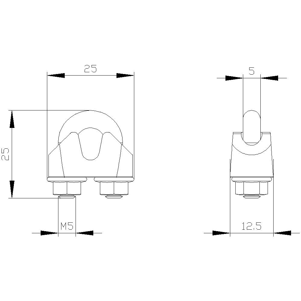 Disegno tecnico di un componente a forma di U con due punti di fissaggio. Dimensioni: 25 x 25 mm, viti M5, larghezza del perno 12,5 mm.