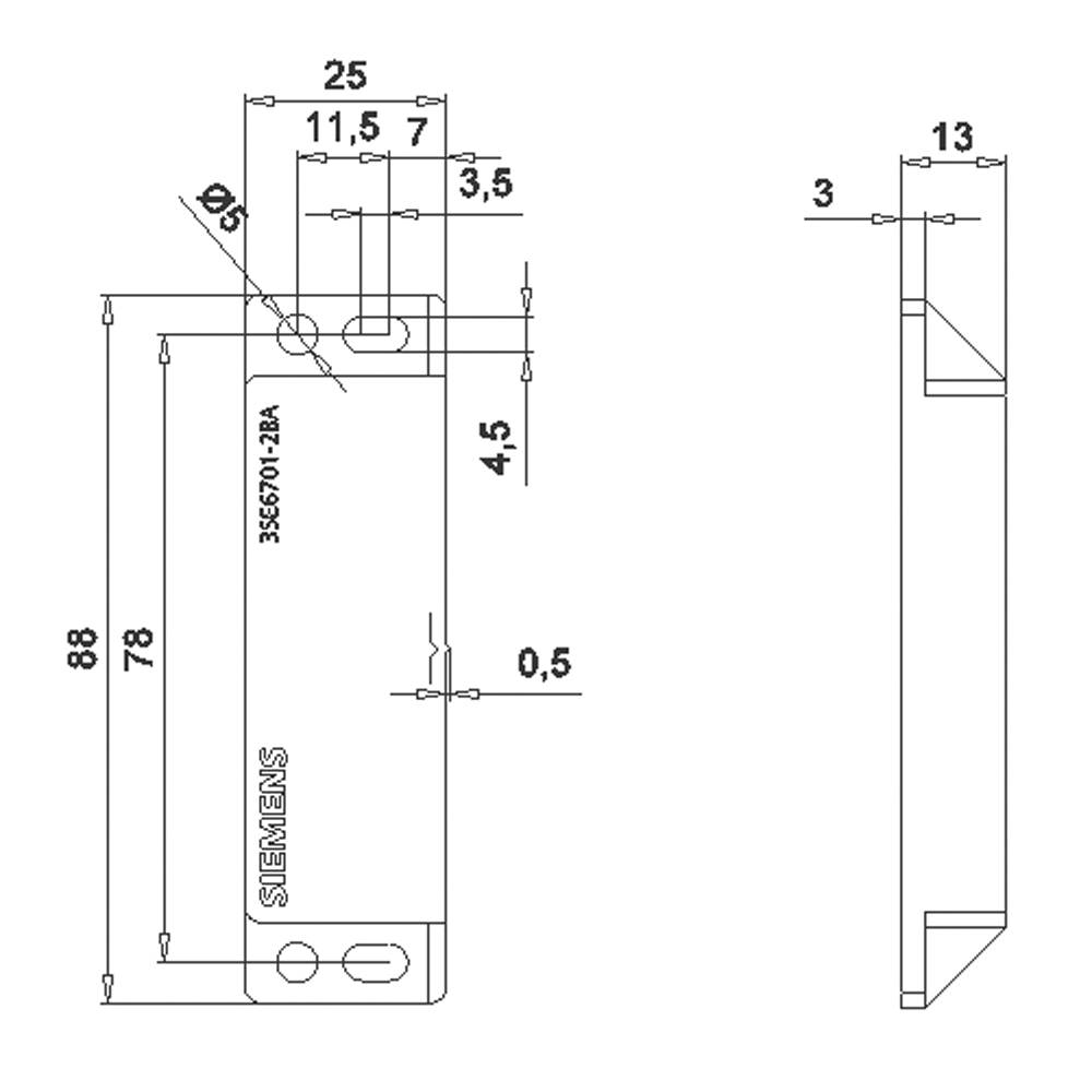 Disegno tecnico di un componente rettangolare di 88x25 mm con quote dettagliate e la scritta 'SIEMENS'.
