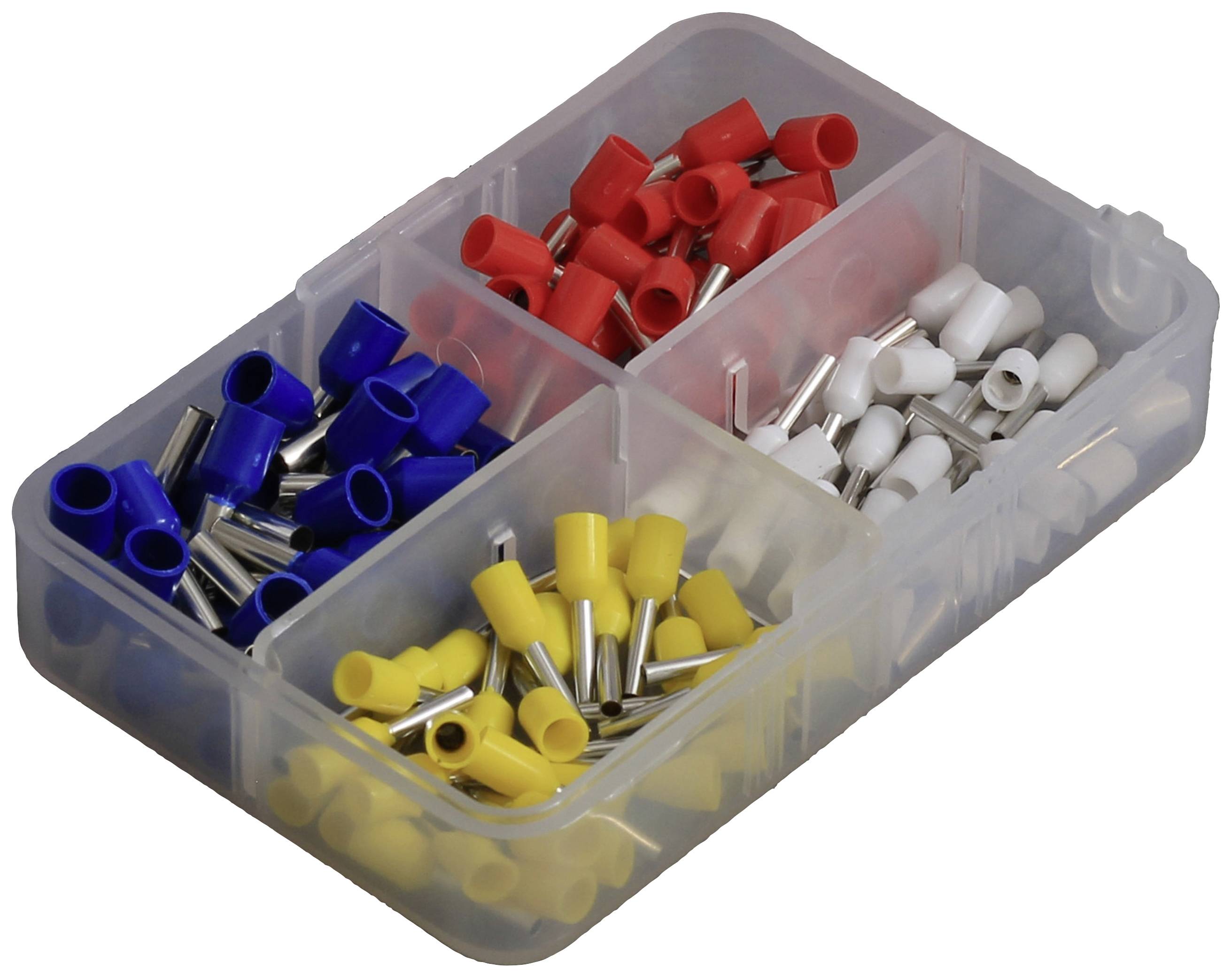 Una scatola di plastica con quattro scomparti, riempita con terminali per cavi colorati: rosso, bianco, blu e giallo. Ideale per connessioni di cavi.