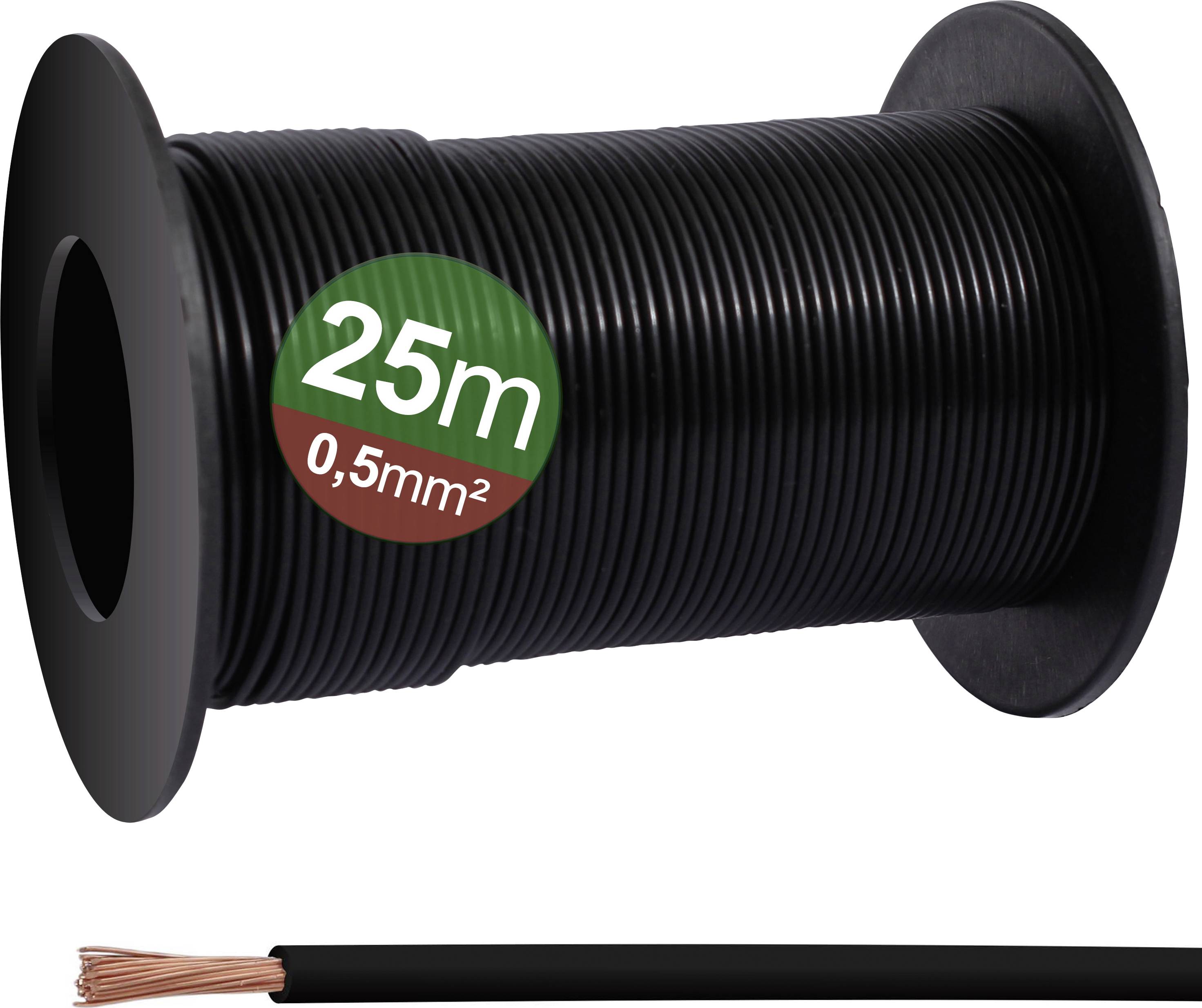'Rotolo di cavo nero, 25 metri, sezione 0,5mm², con fili di rame.'