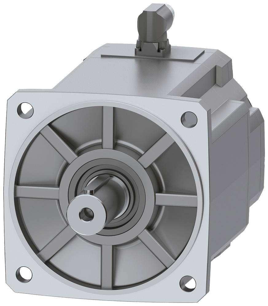 Motore elettrico grigio metallizzato con piastra di montaggio quadrata e albero centrale, raffigurato in vista prospettica.