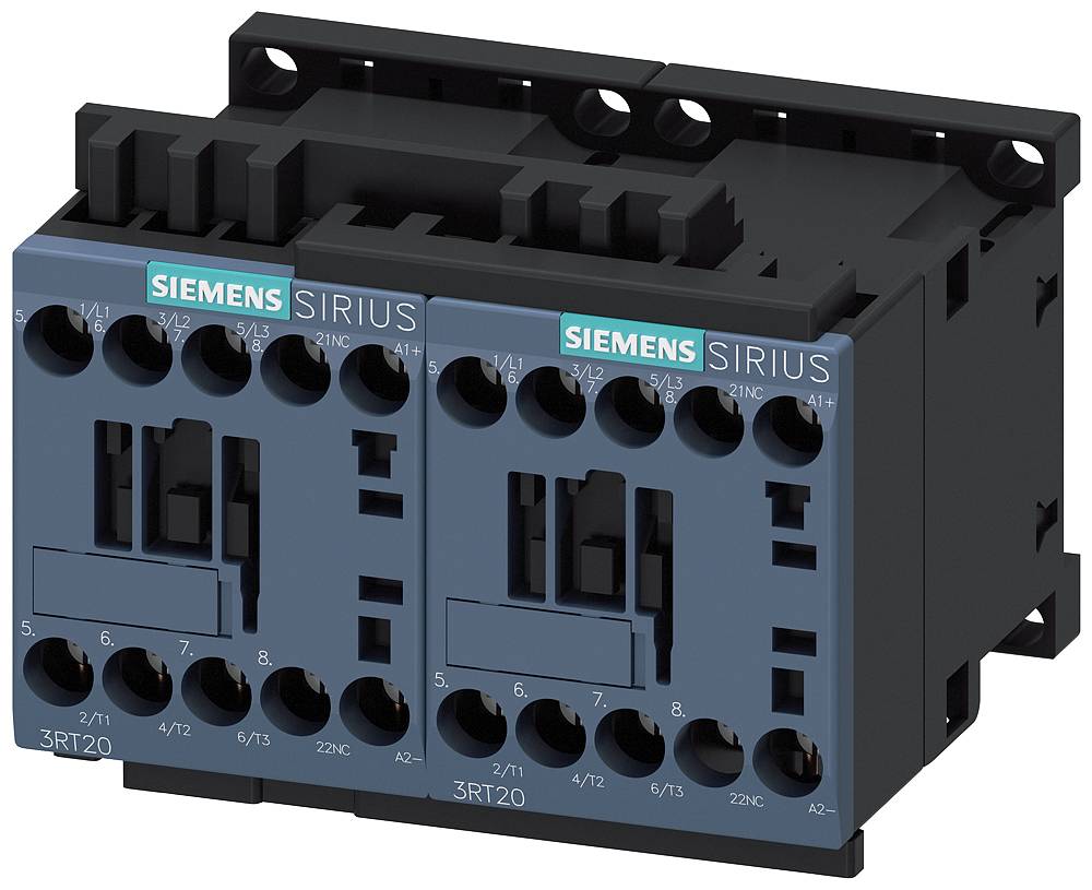Il testo risulta già in tedesco. Ecco la traduzione in italiano:<br><br>'Contattore Siemens SIRIUS 3RT20 con due involucri neri paralleli. Ingressi ed etichettatura visibili sul lato frontale.'