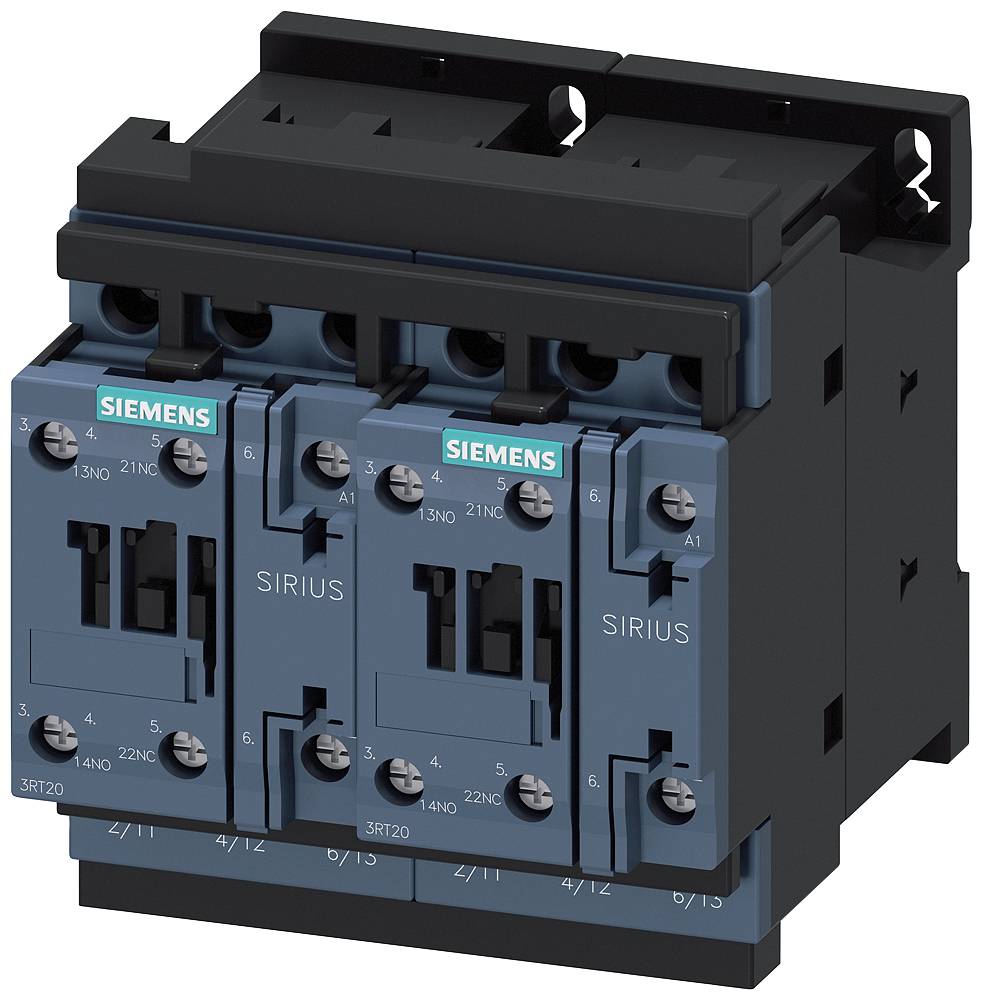 'Siemens SIRIUS Contattore'; dispositivo elettrico blu-grigio con molteplici connessioni e marchio, utilizzato in impianti di controllo.