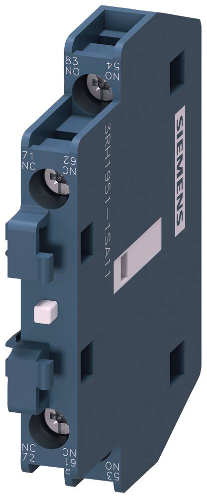 Un blocco di commutazione elettrico blu Siemens, modello '3RH1911-1FA11'. Ha diversi morsetti e una leva di commutazione bianca.