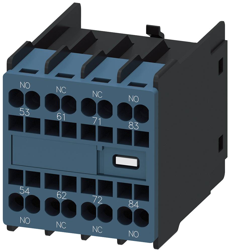 Modulo relè con frontale blu, diversi morsetti di connessione e uno slot rettangolare centrale.
