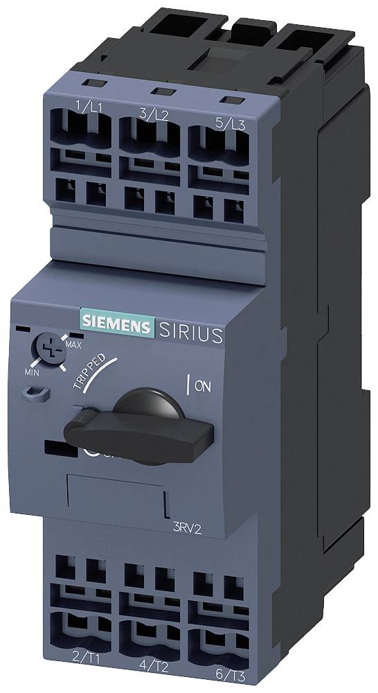 Interruttore magnetotermico Siemens SIRIUS, grigio, con selettore rotativo per accensione/spegnimento e protezione da sovraccarico regolabile.