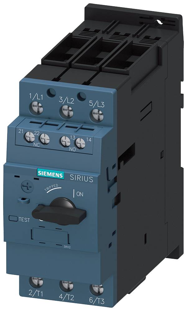 Un interruttore elettrico blu Siemens, modello 'Sirius', con più morsetti a vite e una funzione di test sul lato frontale.