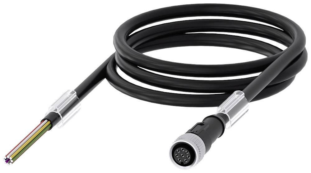 Un cavo nero a più conduttori con un connettore rotondo su un lato e terminali aperti sull'altro lato è arrotolato.