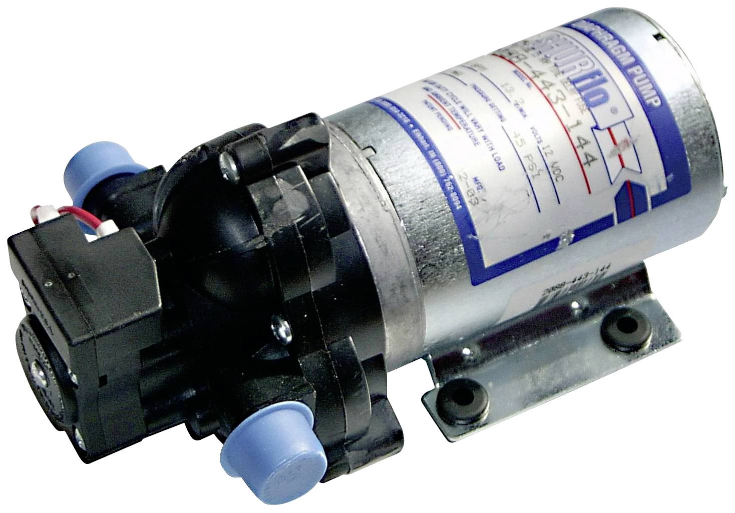 Pompa idraulica con raccordo blu e etichetta. L'etichetta mostra le specifiche tecniche.