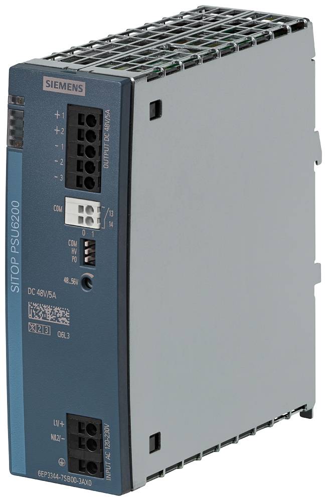 Unità di alimentazione in corrente continua 'Siemens SITOP PSU6200' in custodia grigia, con connettori e interruttore sul lato frontale.