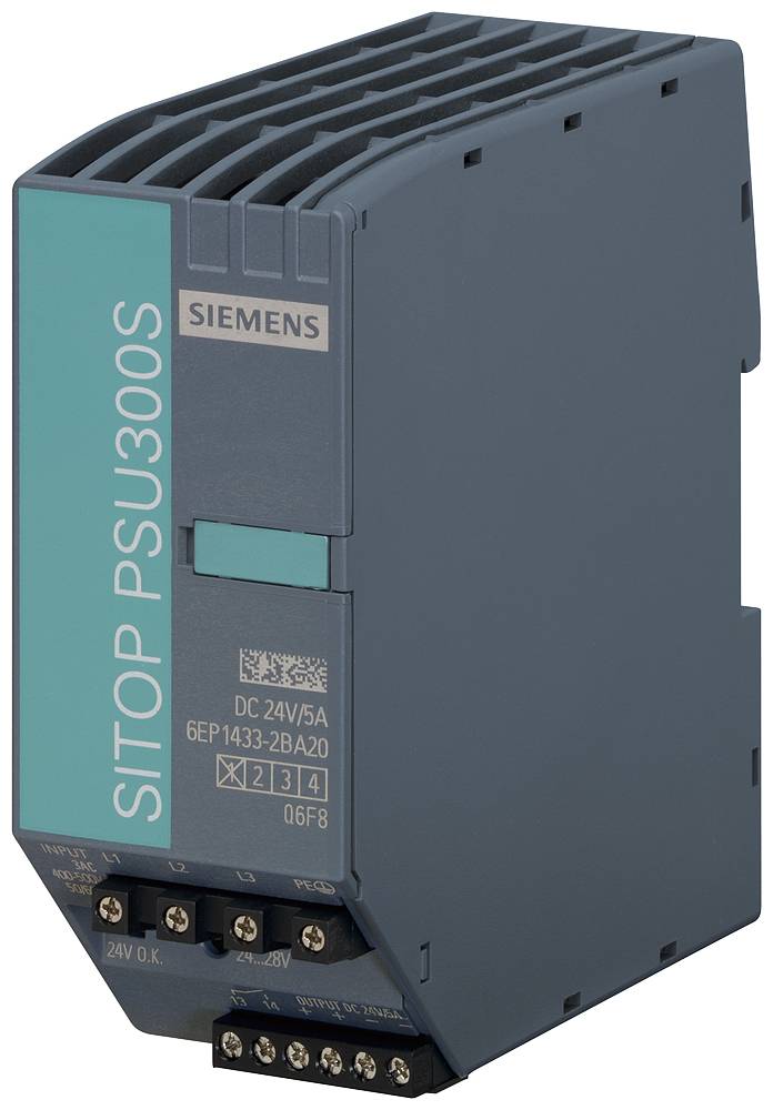 Un alimentatore switching grigio Siemens 'SITOP PSU300S' per 24V/5A, modello 6EP1433-2BA20, con dettagli blu e neri.