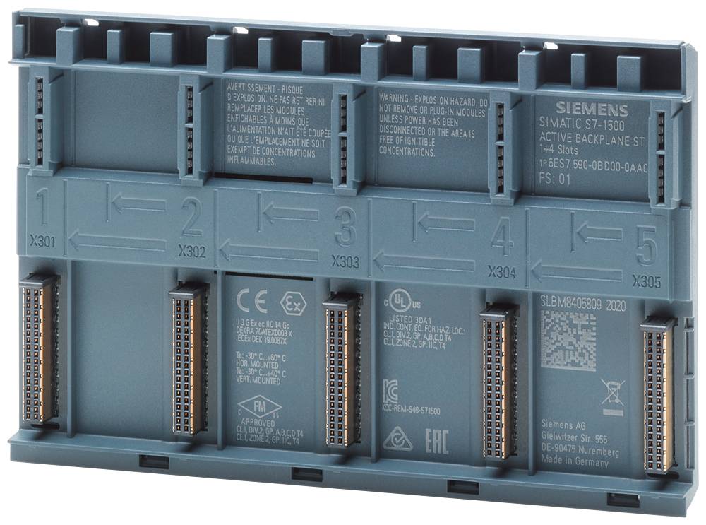 Un modulo backplane grigio di Siemens PLC con più slot e marcature tecniche, modello S7-1500, per applicazioni industriali.