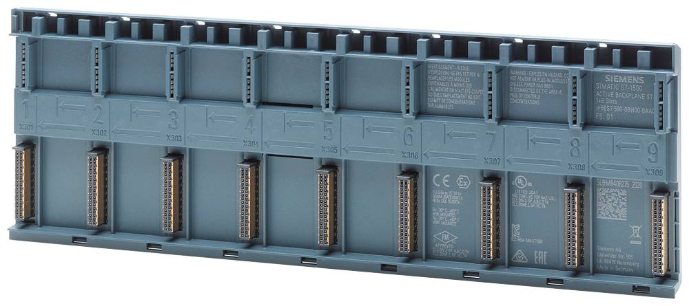 Una scheda di backplane blu SIMATIC S7-1500 con dieci slot per dispositivi di automazione, numerati da 1 a 10.