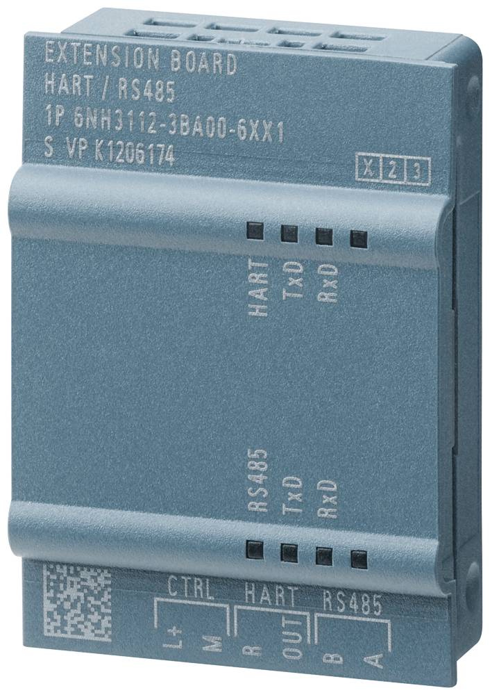 Una scheda di espansione blu con la scritta 'EXTENSION BOARD HART/RS485'. Mostra diversi connettori e specifiche tecniche.