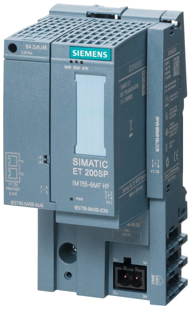 Un modulo blu Siemens SIMATIC ET 200SP IM 155-6MF HF con molteplici connessioni, adatto per soluzioni di automazione industriale.